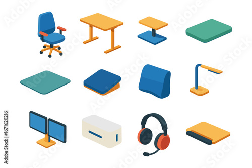 Modern office furniture and accessories in isometric design for ergonomic workspace