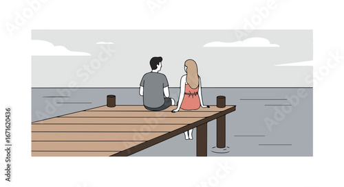 People Sitting Together On Pier Over Water, Looking At The Horizon
