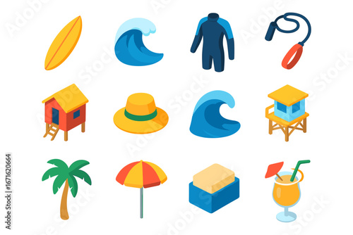 Colorful beach essentials: surfboards, waves, and summer accessories