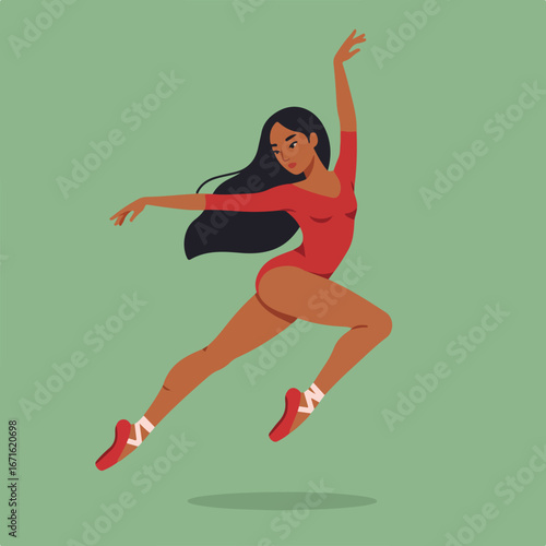 Ballerina leaping elegantly on stage in a red outfit, graceful posture