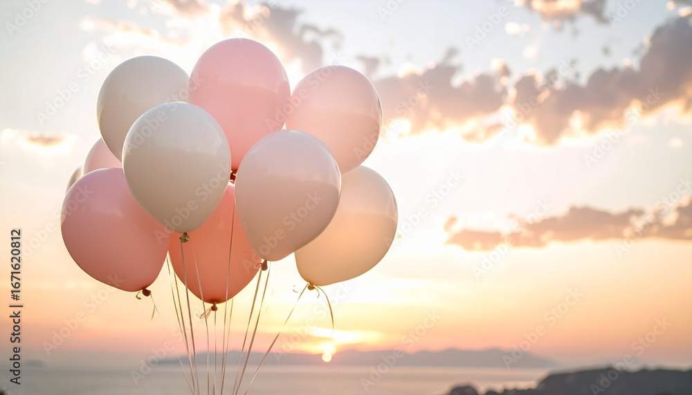 Fototapeta premium Pink White Balloons Sky Sunset Celebration Party Pastel Aesthetic