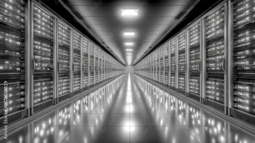 Fototapeta premium Futuristic data center corridor with illuminated server racks and reflective floor surfaces