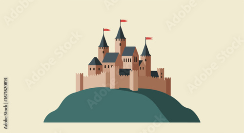 Illustrate Medieval Castle atop Hill in Neutral Background