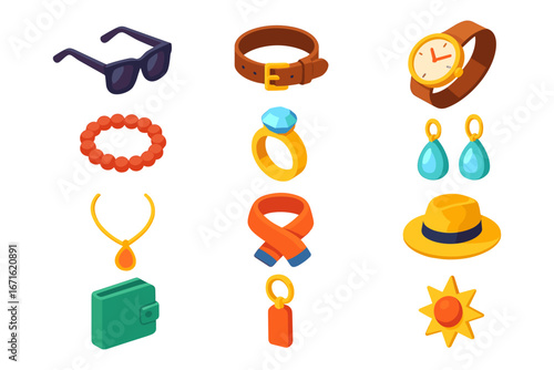 Colorful isometric accessories collection: fashion essentials and trendy items for everyday style