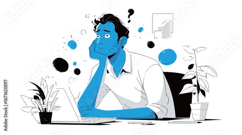 A man appears deep in thought while sitting at a desk with a laptop open in front of him. He is surrounded by indoor plants and abstract graphics. The workspace feels modern and engaging.