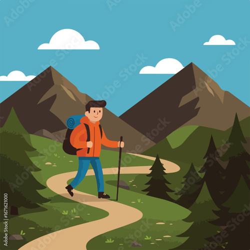 Man Hiking Up a Mountain Trail