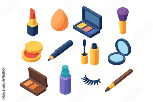Isometric makeup set with lipstick, eyeshadow, and brushes on white background