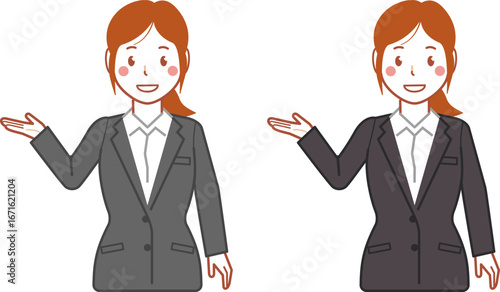 グレースーツ、ポニーテールのこちらと指し示す若い女性