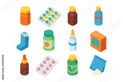 Isometric collection of medical bottles, pills, and nasal spray for pharmaceutical use