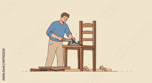 Man Sawing Wood on a Chair Frame