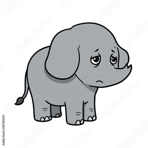 Sad Elephant Standing Isolated on White Background
