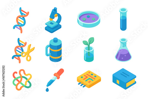 Science and research icons in isometric style featuring dna, microscope, test tubes, and lab equipment