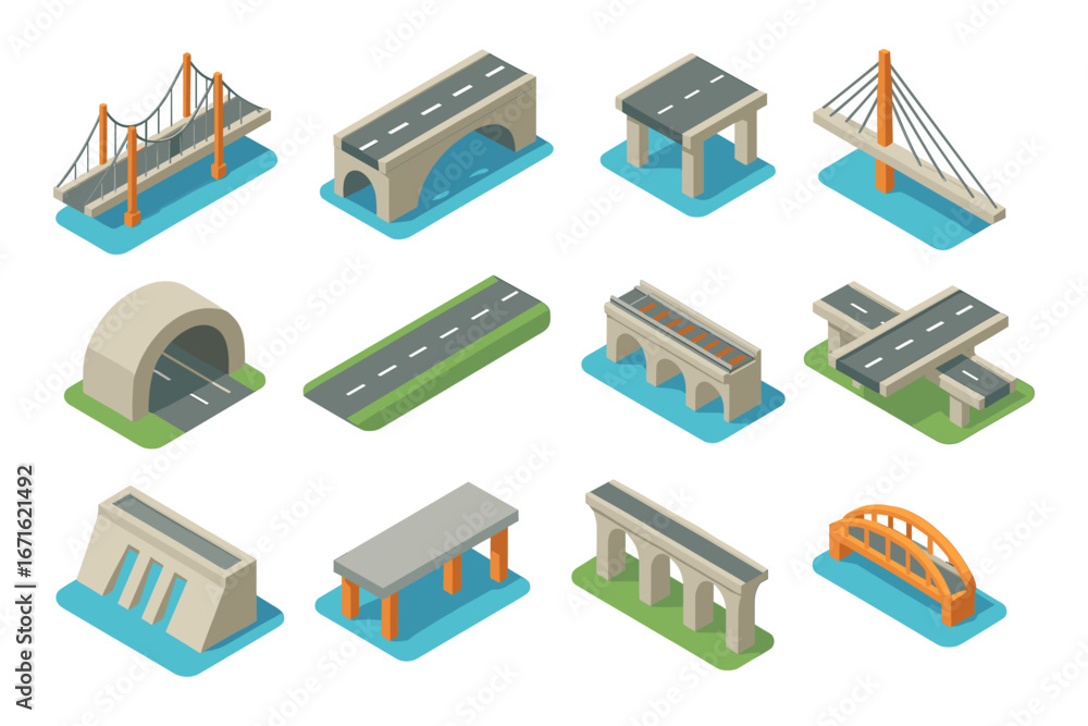 Naklejka premium Isometric set of infrastructure icons featuring bridges, roads, and tunnels