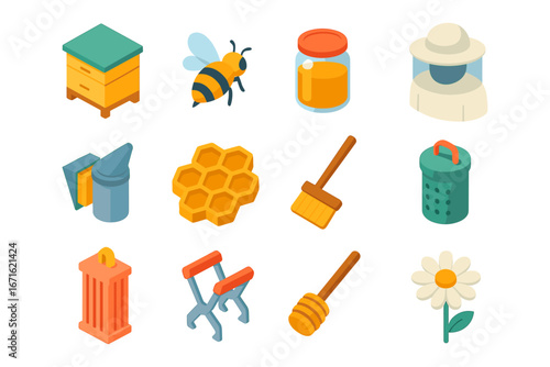 Beekeeping essentials collection: tools, honey, and nature in isometric icons