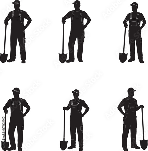 Silhouetted gardeners with shovels in various poses against a white background