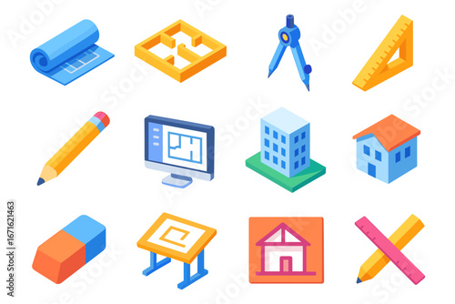 Wallpaper Mural Isometric building design icons: tools, plans, and architecture essentials Torontodigital.ca