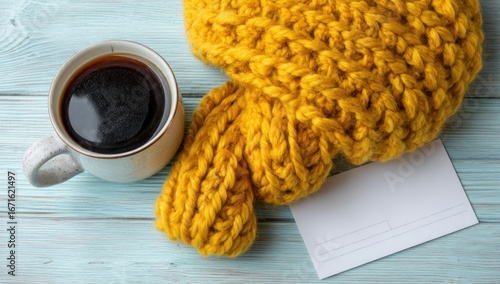 Cozy scene with coffee, yellow knitted scarf, and a blank card on light blue wooden planks