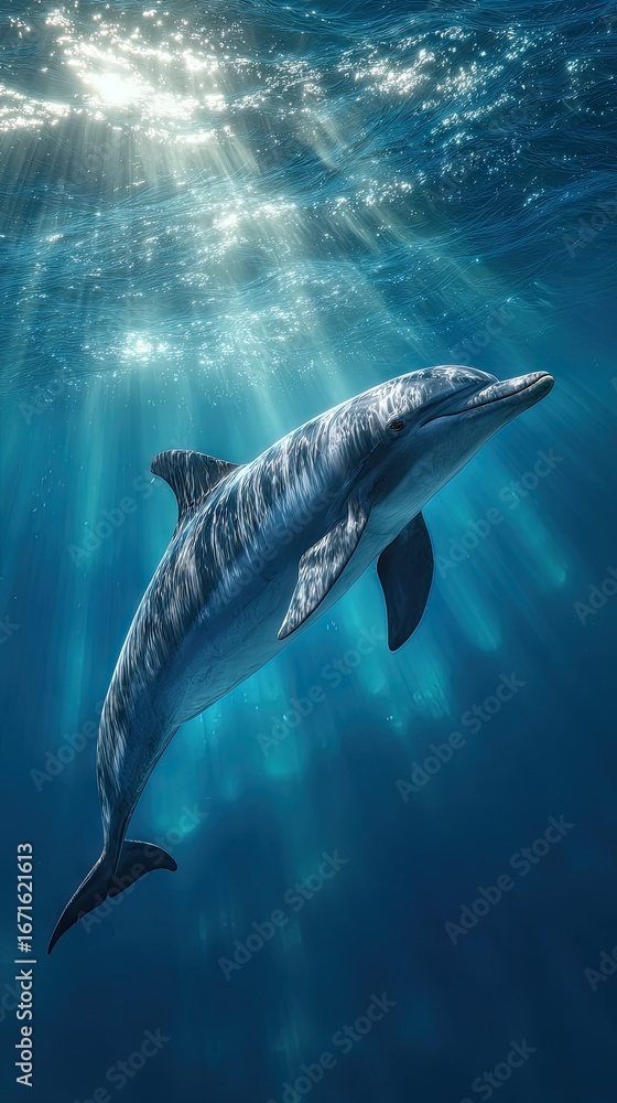 Naklejka premium Dolphin in sunlit ocean depths (1)