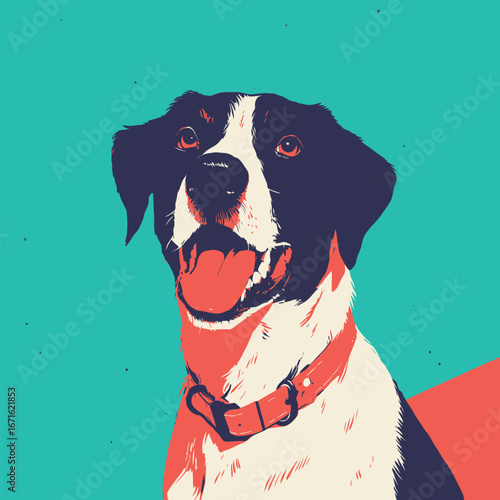A cheerful black and white dog poses with its mouth open, showing a playful demeanor. The vibrant turquoise background enhances the joyful atmosphere, highlighting the dogs features.
