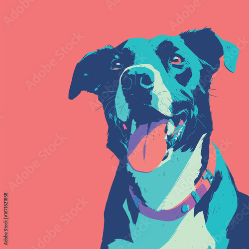 A cheerful dog with a black and white coat smiles confidently at the viewer, set against a bright pink background that enhances its joyful expression.