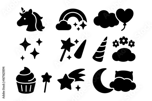 Magical unicorn and fantasy icons in whimsical silhouette style