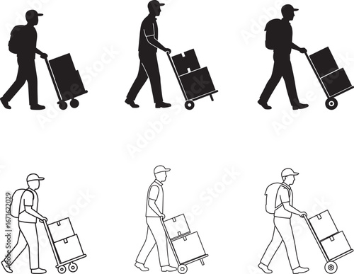 Delivery Person Silhouette and Outline Set Pulling Cart with Boxes