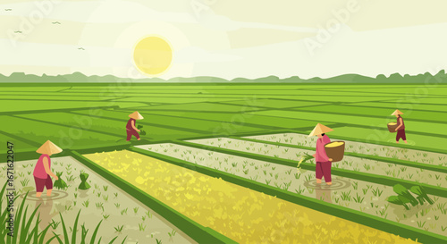 Farmers Cultivating Rice Fields at Sunrise