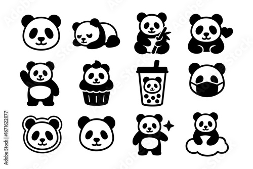 Cute panda icons set: minimalist black and white designs for any project