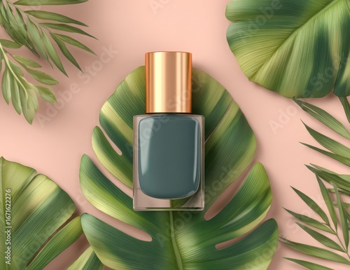 Nail polish bottle with gold top resting on a monstera leaf, surrounded by ferns on a pink background