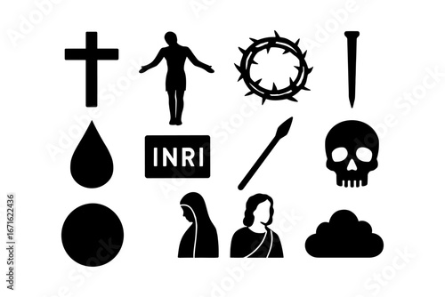 Religious symbols: cross, thorns, and more in bold silhouette style