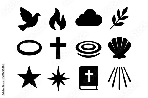 Religious symbols silhouette set: cross, dove, bible, and holy icons collection