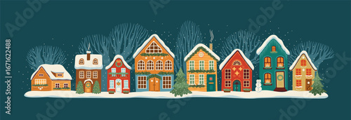 Holiday Village illustration. City, houses, Christmas trees, snow. New Year and Christmas symbols. Vector design