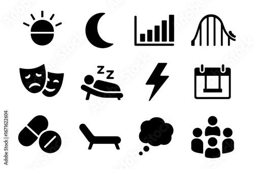 Set of simple black icons in minimalist style: weather, activities, and entertainment