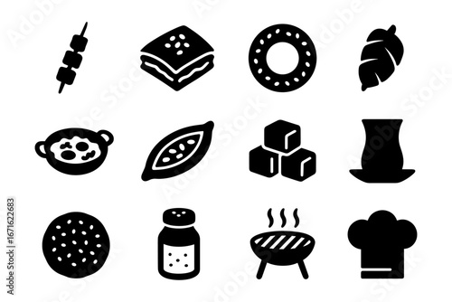 Icon set of traditional turkish cuisine elements silhouettes