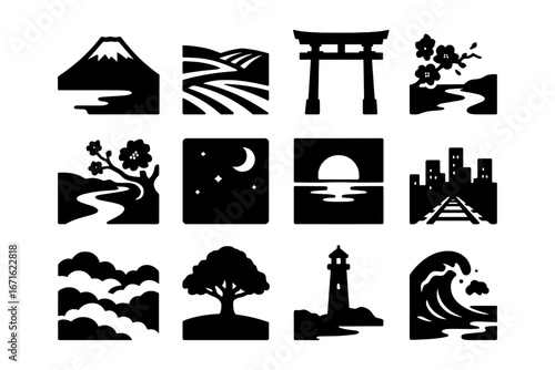 Minimalist japanese icon set featuring nature and cultural landmarks in bold silhouette style