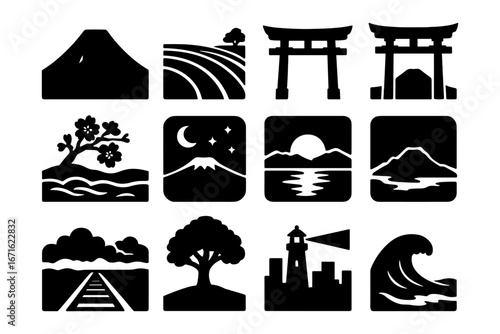 Japanese landscape icons: nature, landmark, and scenic silhouette designs
