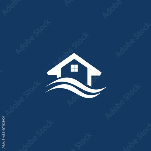 Minimalist vector logo featuring a house with flowing wave elements, symbolizing real estate, waterfront property, vacation homes, or modern architecture. Perfect for construction, housing, and proper