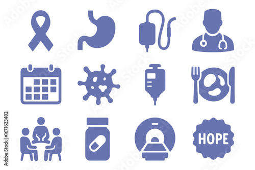 Healthcare and medical icons set: awareness, treatment, patient care in blue