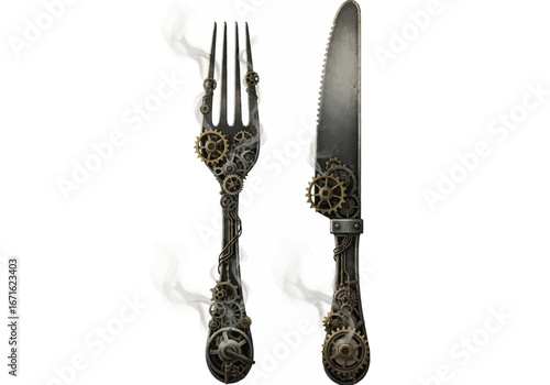 Steampunk-style fork and knife with intricate gears and smoke.
