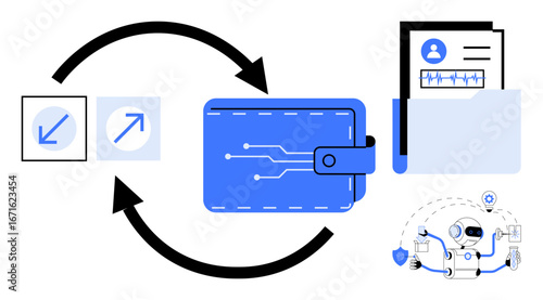 Digital wallet with tech patterns, bidirectional arrows for data flow, file folder for information storage, and AI graphic. Ideal for fintech, data control, privacy, automation, AI security