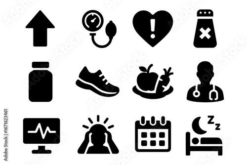 Health and wellness icons: nutrition, fitness, and medical symbols for a balanced lifestyle