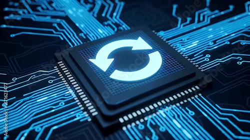 Wallpaper Mural Glowing Circular Arrows on a Blue Circuit Board Microchip Torontodigital.ca