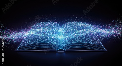 An open book emitting a stream of glowing blue and purple particles, symbolizing knowledge and digital information.