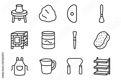 Pottery studio tools collection in modern linear style
