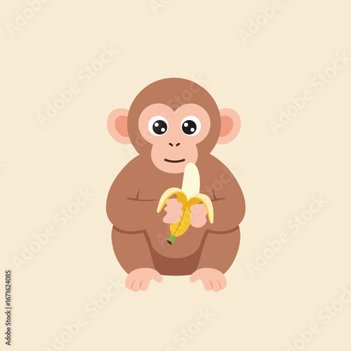 Cute Monkey Eats Banana in Beige Background - Flat Design Illustration
