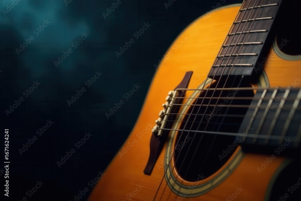 Obraz premium Acoustic guitar in spotlight, smoky dark background, close-up strings , high resolution, texture, music