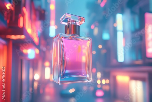 A perfume bottle hangs in a neon-lit city street.