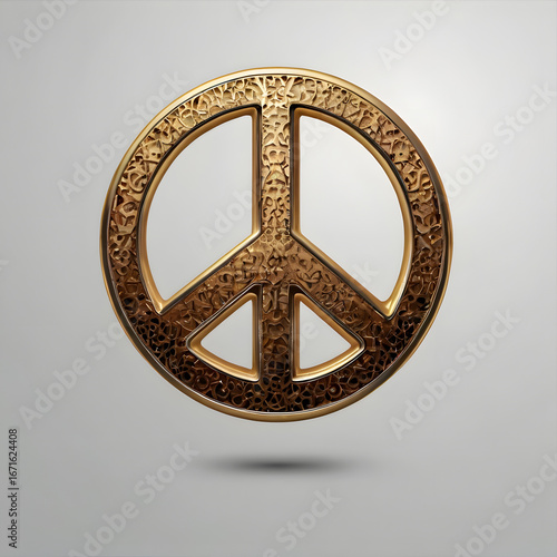 Intricate Golden Peace Symbol Emblem of Harmony and Unity Against a Plain Backdrop with Subtle Shadow