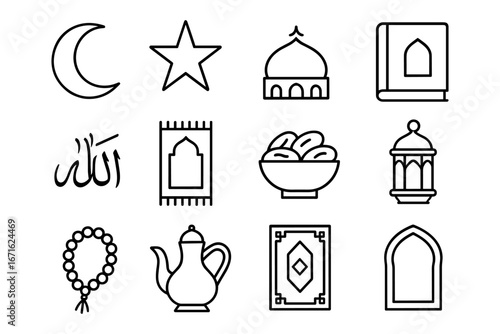 Islamic outline icons set featuring mosque, crescent, prayer beads, and lantern