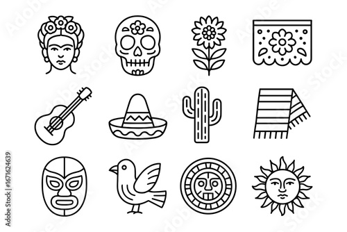Linear mexican icons set: skull, sombrero, cactus, festival symbols
